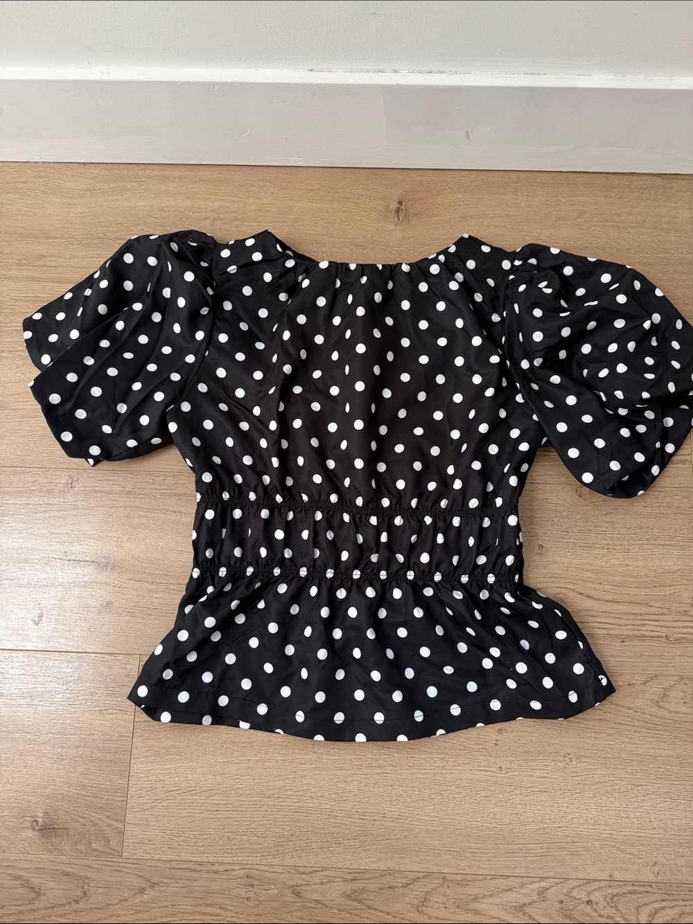 Black and White Polka Dot Puff Sleeve Peplum Blouse